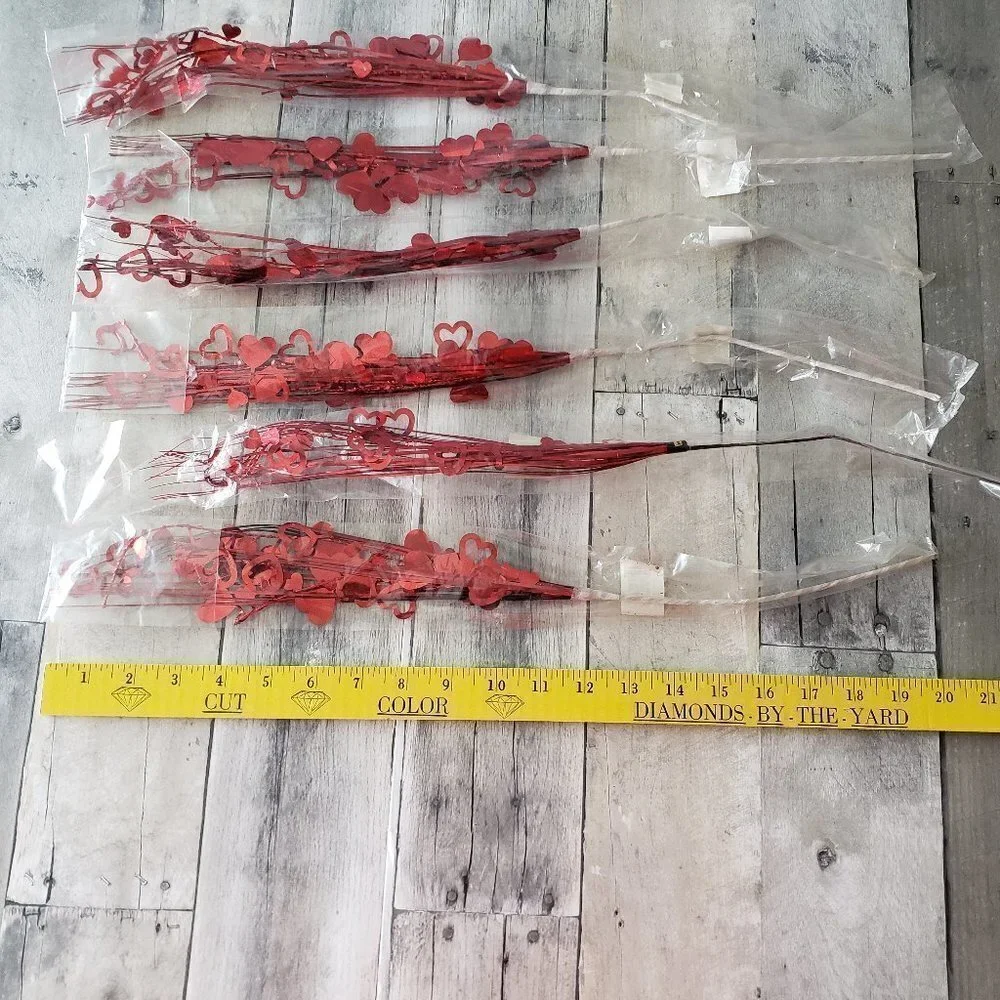 NWT - Lot of 6 Red Hearts and Foil Strands Floral Picks 12